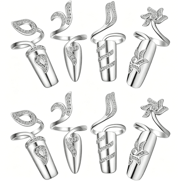 DESIGNICE 8 Pack Silver Nail Rings Rhinestones Fingernails Rings Fashion Retro Finger Tip Nail Protecting Opening-Rings Decoration Jewelry Fingernail Decorations for Women Lady Girls