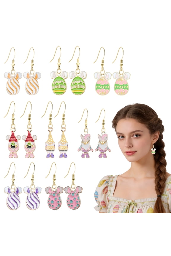 8 Pairs Earring Set,Vibrant and Adorable Easter Earrings,Bunny Ear Easter Egg Shape Earrings for Women,Dangling Earrings Festive Jewelry Gift for Easter and Spring Outfits