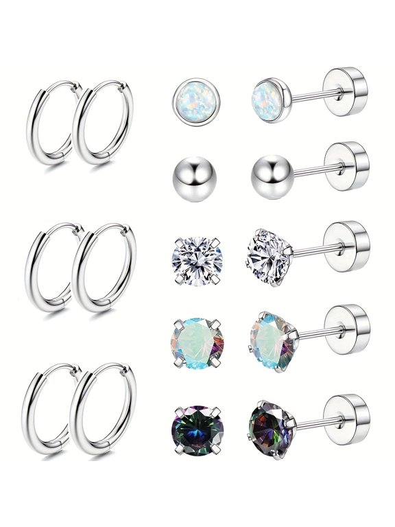 8 Pairs Surgical Stainless Steel Earrings for Sensitive Ears Small Opal Ball Cz Flat Back Stud Earrings Hypoallergenic Hoop Earrings for Women Men 20G Cartilage Earrings