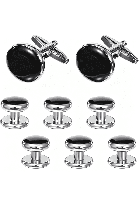 8 Pcs Cufflinks for Men Stainless Steel Tuxedo Studs Classic Black Cufflinks Tuxedo Studs Buttons Round Wedding Cufflink for Mens Formal Kit Business Or Wedding Shirts
