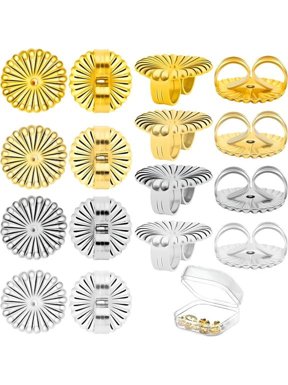 8 Pcs Jumbo Earring Backs, Adjustable Locking Silicone Stud Backs with Storage Box, Hypoallergenic Heavy Support for Droopy Ears, 9mm Gold and Silver
