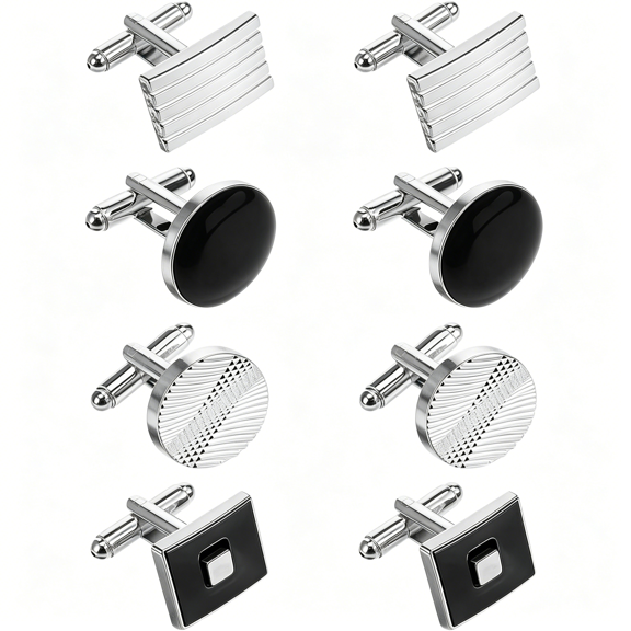 DESIGNICE 8 Pcs Men'S Classic Cufflinks,Alloy Cuff Links for Men Silver Black Striped Disc Square Rectangle Designs Cuff Links for Business Wedding Formal Suit Accessories Elegant Gift
