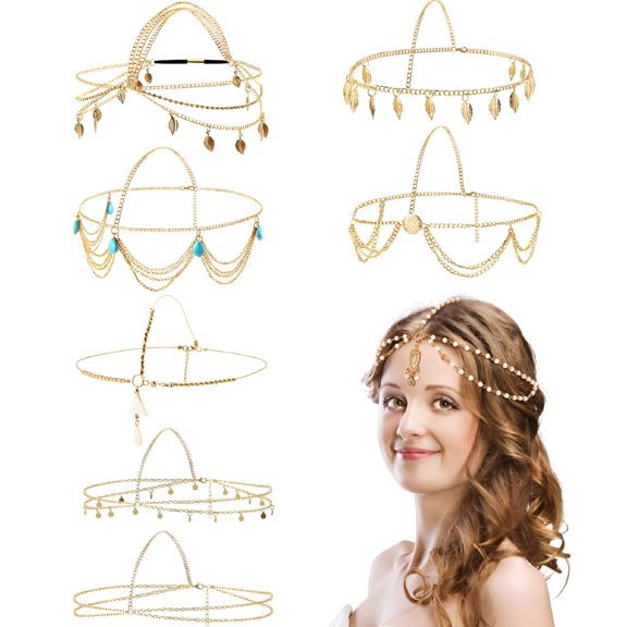 DESIGNICE 8 Pieces Gold Head Chain Jewelry Boho Headband Head Chain Coins Pearl Tassel Chain Hair Band Festival Prom Wedding Headpiece for Women and Girls (Style A)