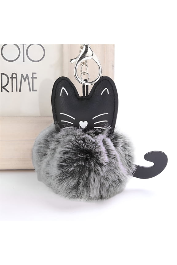 8CM Cute Cat Keychain Pendant Women Key Ring Holder Pompoms Key Chains Gray