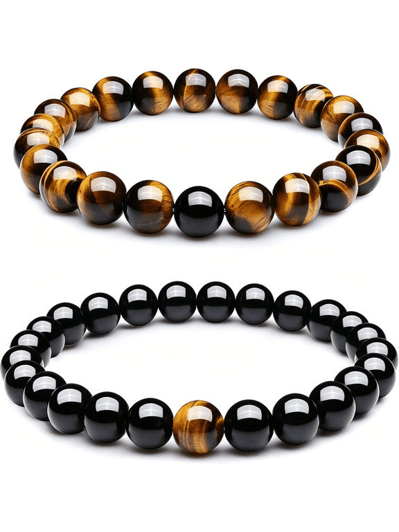 8Mm Black Matte Agate&Tiger Eye Healing Energy Stone Beads Distance Bracelets for Couples Mens Beaded Bracelets(2 Pcs)