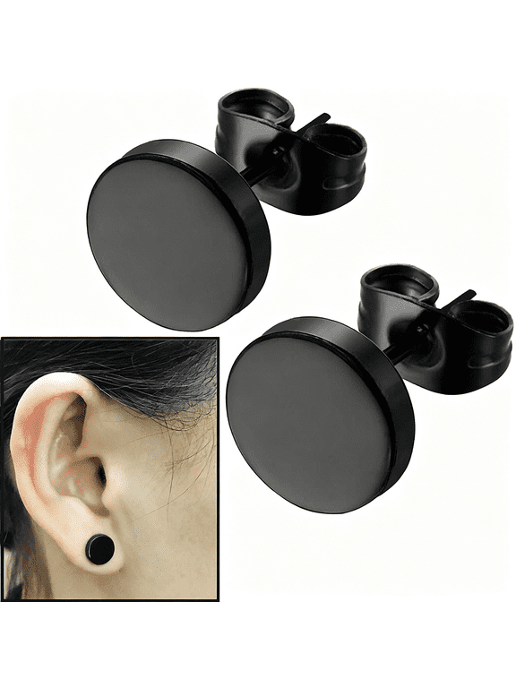 8Mm Black Round Stud Earrings Set Stainless Steel Ear Studs for Men Women Tunnel Plug Post Pierced Tunnel,2Pcs/1 Pair