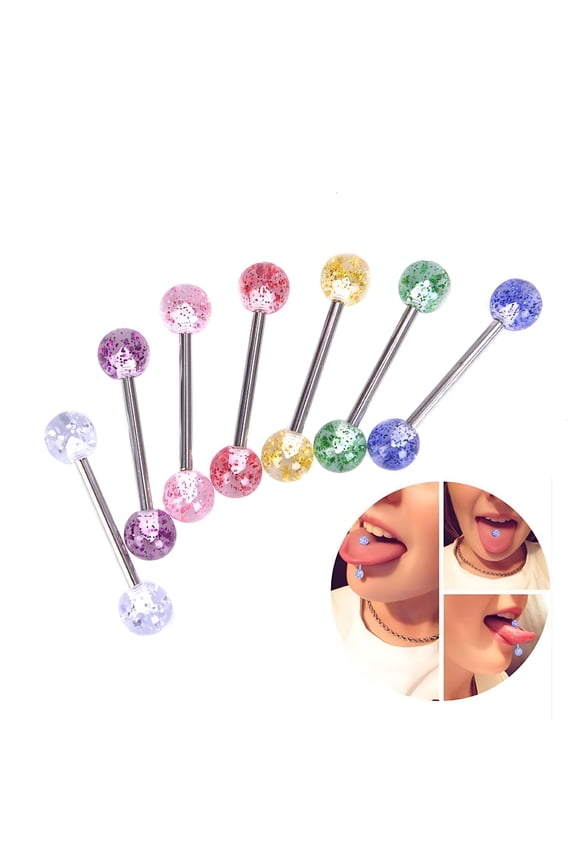 8PCS/Set Colorful Glitters Tongue Rings Barbell Ball Body Piercing Jewelry