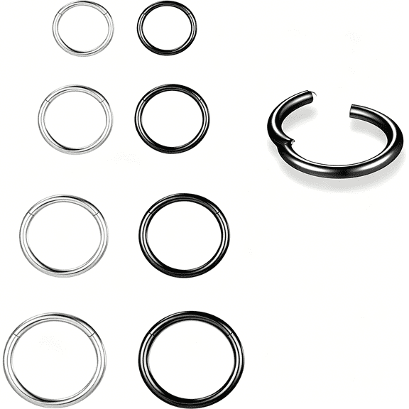 DESIGNICE 8Pcs 20G 18G 16G Nose Rings Hoops Surgical Steel Nose Ring Seamless Hinged Clicker Segment Septum Lip Rings Conch Tragus Cartilage Daith Rook Piercing Jewelry for Women Silver Black