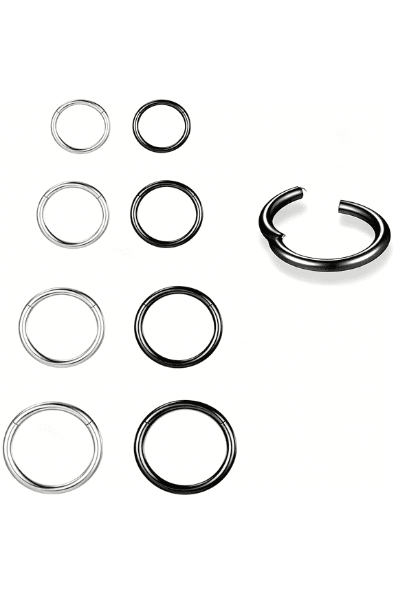8Pcs 20G 18G 16G Nose Rings Hoops Surgical Steel Nose Ring Seamless Hinged Clicker Segment Septum Lip Rings Conch Tragus Cartilage Daith Rook Piercing Jewelry for Women Silver Black