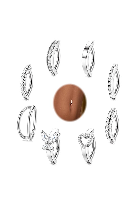 8Pcs Belly Button Ring Surgical Steel 14G Clicker Belly Rings for Women Cz Heart Butterfly Belly Button Piercing Simple Reverse Navel Barbell Rings Body Piercing Jewelry