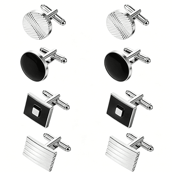 DESIGNICE 8Pcs Cufflinks for Men Classic Tone Cuff Links Fashion Men Cufflinks -Sliver Striped Disc Square Rectangle Cuff Links for Business Wedding Party Gift Box A