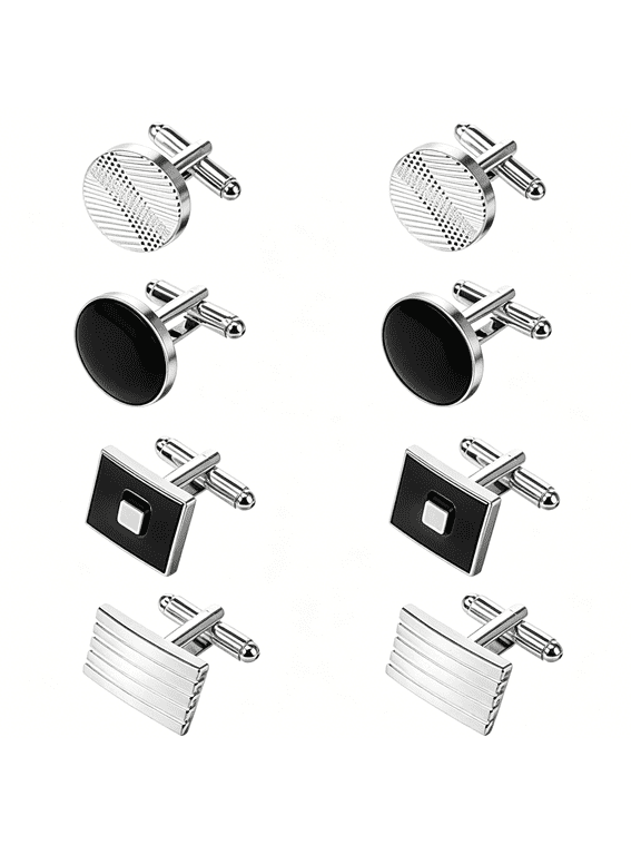 8Pcs Cufflinks for Men Classic Tone Cuff Links Fashion Men Cufflinks -Sliver Striped Disc Square Rectangle Cuff Links for Business Wedding Party Gift Box A