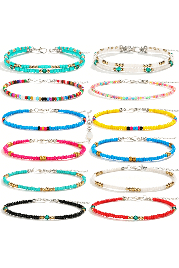 8Pcs Handmade Beaded Anklets for Women Boho Colorful Beads Ankle Bracelets Adjustable Foot Anklet Set