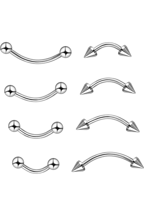 8pcs Eyebrow Piercing Jewelry 16g Vertical Labret Lip Jewelry Surgical Steel Curved Barbell Silver Eyebrow Rings Rook Piercing Jewelrys Helix Conch Daith Earrings for Women Men