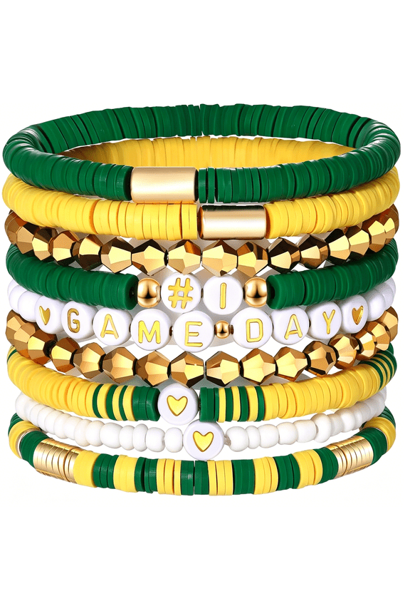 9 Pack Game Day Bracelets for Women Stackable Heishi Beaded Stretch Bracelet Football Sport Fan Bracelet Sports Game Team Jewelry Accessories Gifts