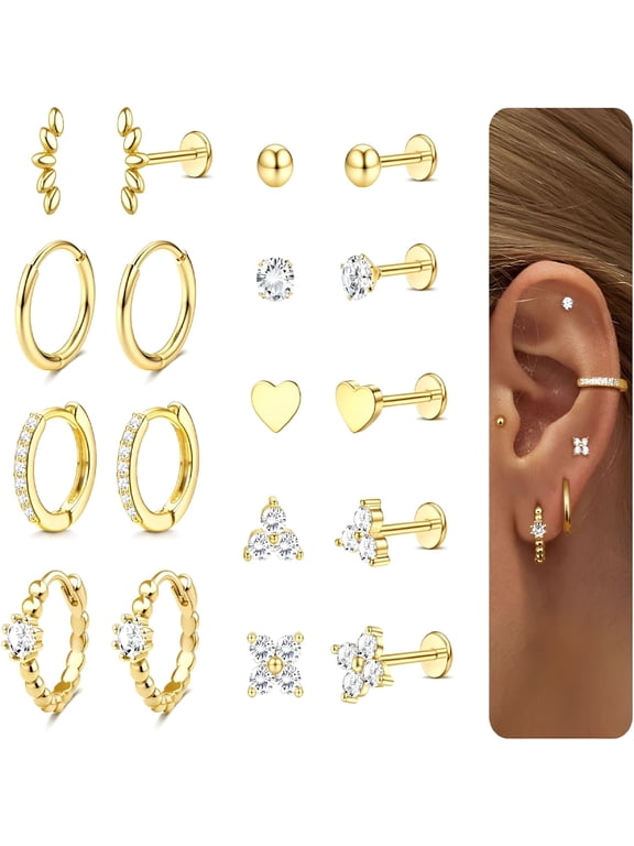 9 Pairs 14K Gold Plated Threadless Flat Back Earrings Cartilage Earring Set Stainless Steel Helix Earrings for Women Flatback Stud Hoop Cartilage Earring Set for Multiple Piercing