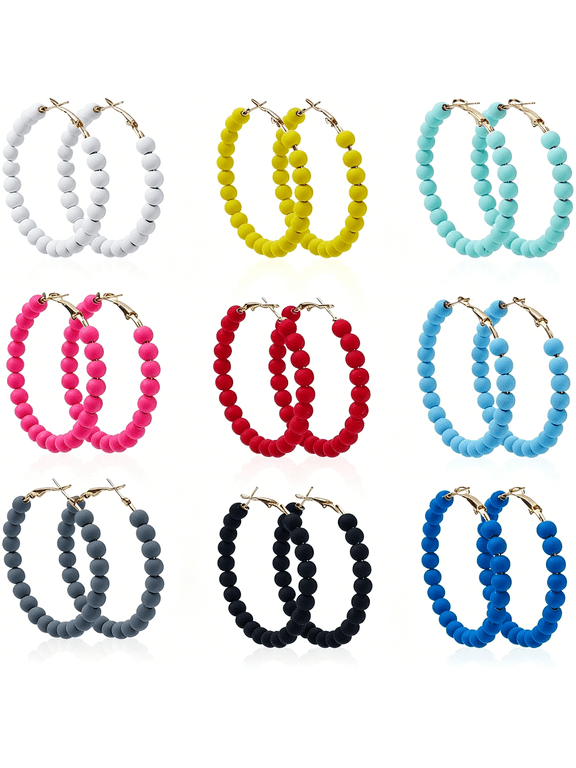9 Pairs 9 Colors Beaded Hoop Earrings Colorful Hoop Earring Acrylic Bohemian Earrings Circle Retro Earring Cute Statement Fashion Jewelry for Women Ladies