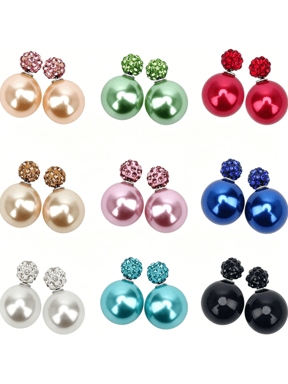 9 Pairs Bling Rhinestone Polymer Clay Studs Pearl Button Earrings, Double Ball Earring, Jewelry Piercing Ear Ring