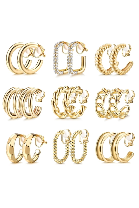 9 Pairs Eye Catching Gold Plated Clip on Earrings Dumpy Hoop Designs Ear Accessory for Women Without Pierced Ear Jewelry Gold Clip on Earrings for Women