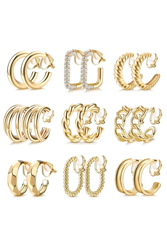 2026 New 9Pairs Eye Catching Gold Plated Clip on Earrings Dumpy Hoop Designs Ear Accessory for Women Without Pierced Ear Jewelry