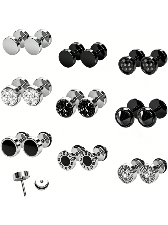9 Pairs Stainless Steel Stud Screw Back Round Cheater Plug Earrings Unisex Piercing Ear Plug Jewelry Classic Metal Ear Ornaments for Women and Men