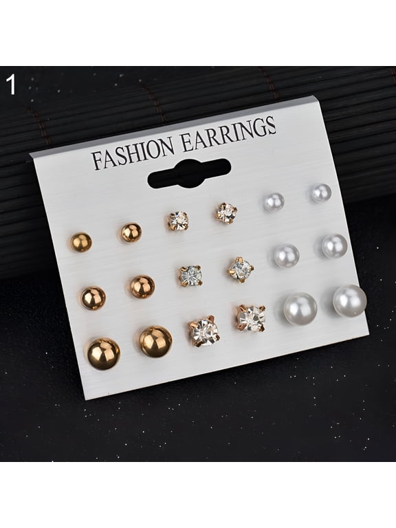 9 Pairs Women Rhinestone Faux Pearl Ear Stud Earrings Set Jewelry Gift-Gold