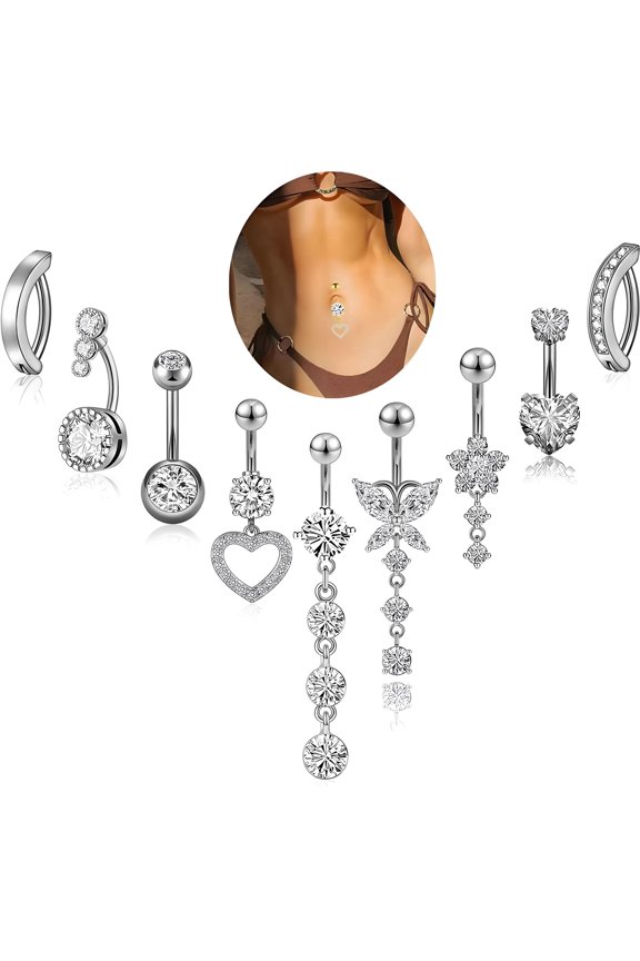 9 Pcs Dangle Belly Button Rings,Electroplating Belly Rings,Stainless Steel with Copper Belly Button Piercing Cute Belly Button Jewelry ,Silver