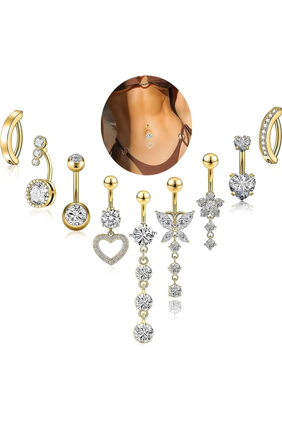 9 Pcs Dangle Belly Button Rings,Electroplating Belly Rings,Stainless Steel with Copper Belly Button Piercing Cute Belly Button Rings,gold