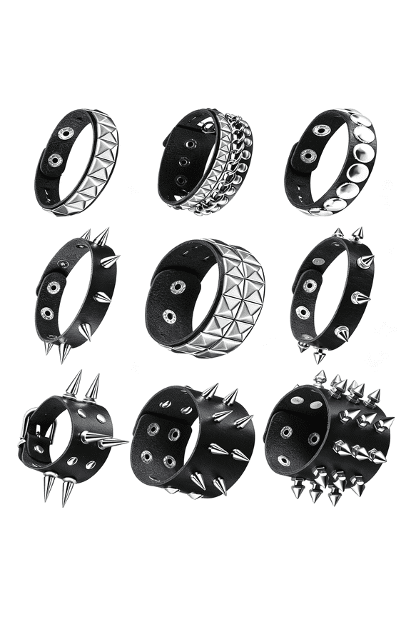 9 Pcs Spiked Studded Bracelet Emo Punk Leather Rivet Bangle Y2K Goth Adjustable Cuff Wrap Wristband for Rock Concert,9 Pcs Adjustable Leather Bracelet for Men
