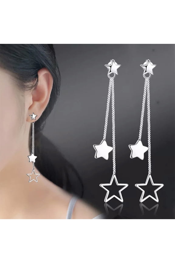 925 Silver Star Dangle Drop Earrings Women Fashion Tassel Earrings Stud