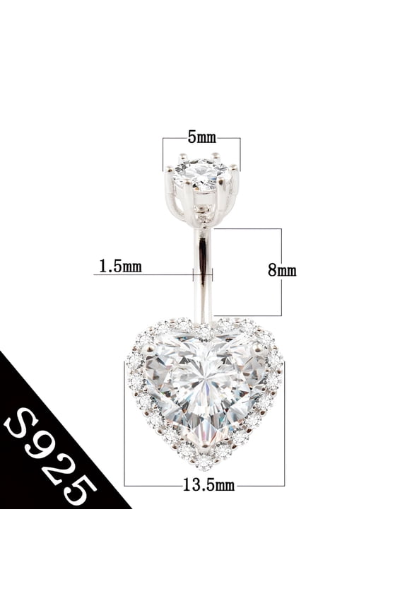925 Sterling Silver Belly Button Ring Women Fine Jewelry Heart Body Piercing Jewelry, 6 8 10 mm Navel Bar with Zircon Stones