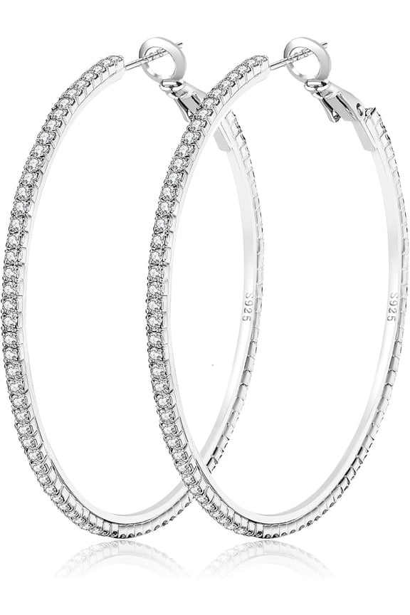 925 Sterling Silver Earrings Large Rhinestone Hoop Earrings Big Cubic Zirconia Hoop Earrings Thin Rhinestones Round Hoop Earrings for Women 50Mm Sparkly Hoops with Crystals for Womens