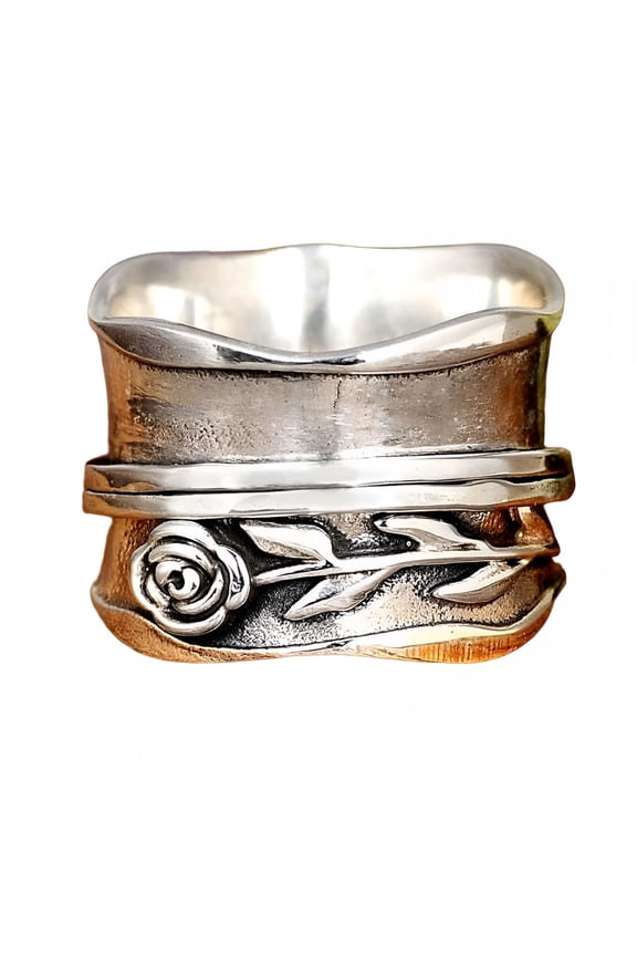 925 Sterling Silver Spinner Ring for Women Rose Flower Fidget Anxiety Relief Wide Band