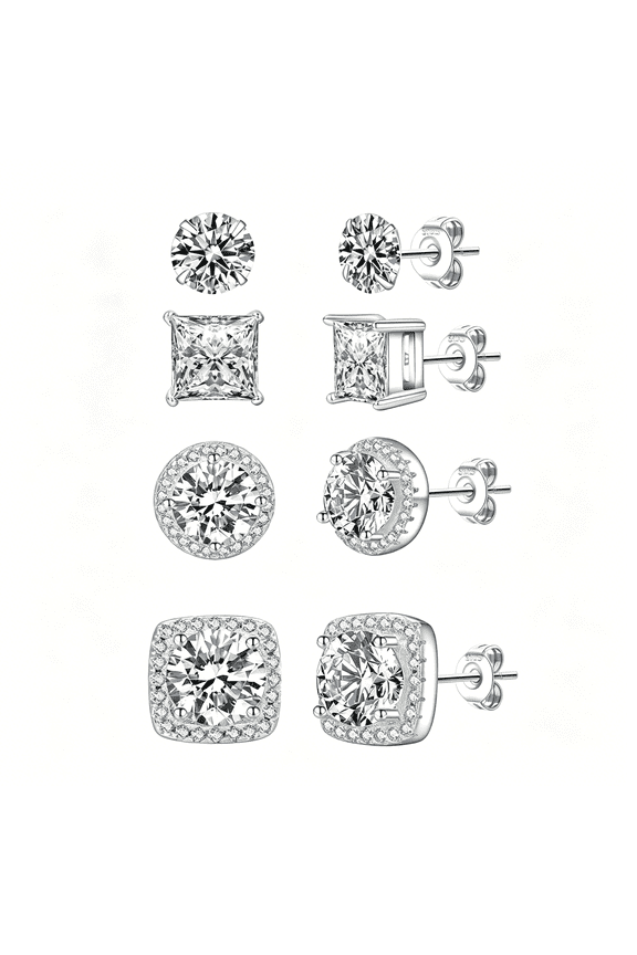 925 Sterling Silver Studs Earrings for Women Hypoallergenic Cubic Zirconia Earrings Studs Round Square Diamond Stud Earring Set for Women 4/5/6Pcs