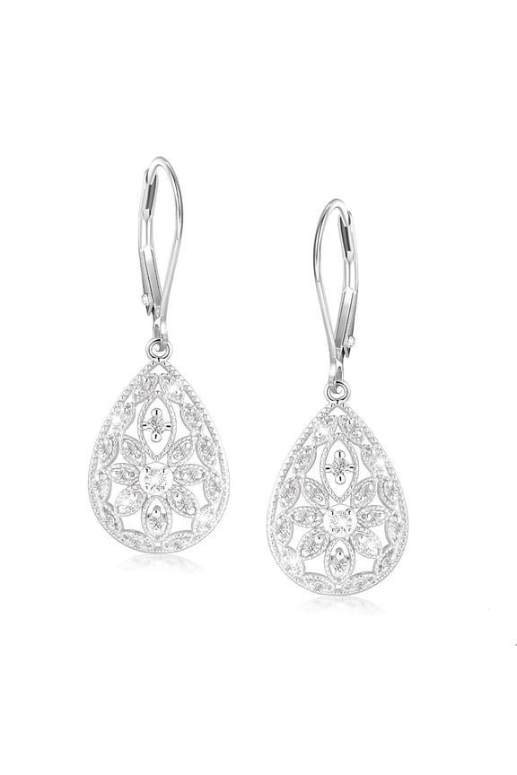 925 Sterling Silver Teardrop Dangle Earrings for Women Cubic Zirconia Leverback Filigree Drop Dangle Earrings Jewelry Hypoallergenic Silver Teardrop Filigree Earring for Gifts