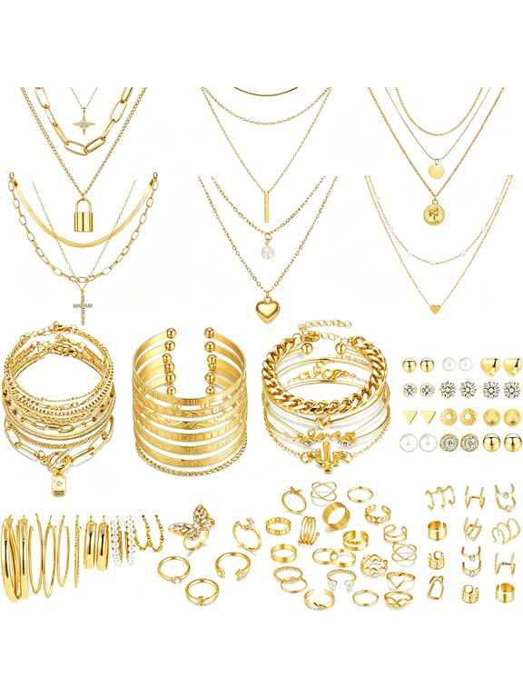 93 Pcs Golden Jewelry Set for Women Costume Jewelry Pack Golden Plated Necklace Bracelet Stackable Ring Earrings Jewelry for Christmas New Year