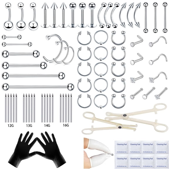 DESIGNICE 98Pcs Piercing Kit for All Body Piercings Stainless Steel Piercing Jewelry with 12G 14G 16G 20G Piercing Needles for Nose Cartilage Tragus Septum Lip Belly Button Eyebrow