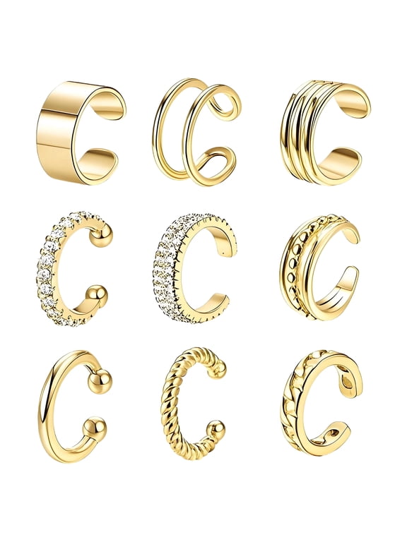 9Pcs Cartilage Earrings for Women,C-Shaped Clip on Ear Cuff Set,Gold Plated Cuff Earrings,Huggie Earrings for Women without Pierced Ears, Stylish Conch Jewelry