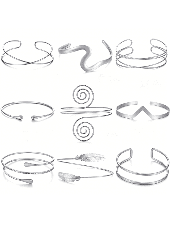 9Pcs Gold Arm Cuff Bangle Bracelets for Women Bangle Armband Coil Swirl Upper Armlet Arm Cuff Bracelets Simple Adjustable Armband Jewelry Set