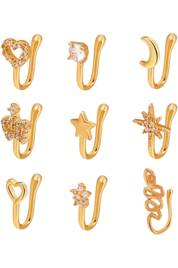 9Pcs WomenS Nose Cuff Nose Ring Clip Set Copper Zircon Star Heart Crown Designs Non-Piercing Jewelry for Daily Wear and Party Accessories