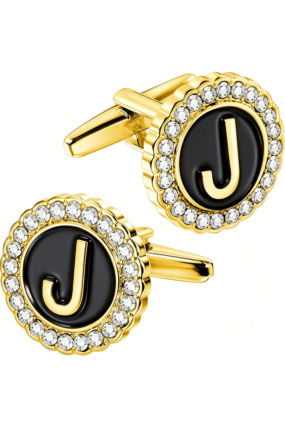 A-Z Initial Cufflinks for Men and Women with Clear Crystal,Gold Silver Color Rasied Letter A-Z Cuff Links for French Shirt,Gift for Normal and Business Wearing