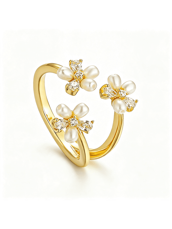 Adjustable Open Flower Rings for Women,14K Gold Plated Dainty Cherry Blossom Rings with Cubic Zirconia/Enamel/Beads,Cute Floral Statement Rings Jewelry Gifts for Birthday Mother'S Day