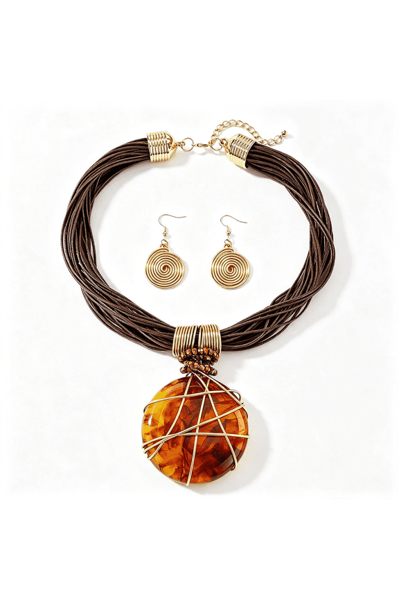 African Jewelry Set for Women, Chunky Statement Necklace and Earrings Set, Brown Marble Resin Bib Collar Necklace, Oversized Bohemian Ethnic Tribal Jewelry, Bold Fashion Accessories