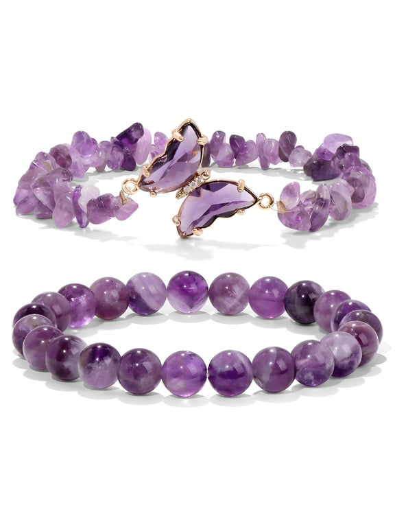 Amethyst Bracelet for Women Anxiety Amethyst Beaded Bracelets Butterfly Charms Stone Layered Bracelet Gifts for Women Earthy Jewelry for Women Charm Bracelet