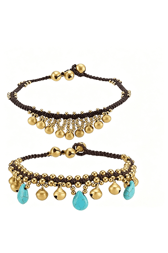 Ankle Bracelets 2Pcs Bell Anklets Indian Anklets Golden Bell Ankle Bracelet Turquoise Drop for Women Adults Boho Summer Beach Jewelry Gifts 9.5 Inch Gold Diy