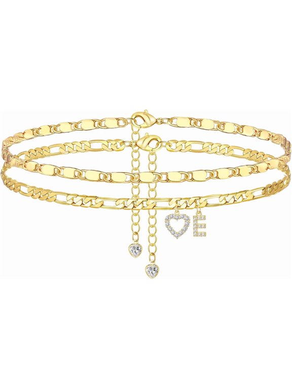 Ankle Bracelets for Women,14K Gold Plated Initial Anklets Dainty Heart Letter Ankle Bracelets Layered Gold Anklets for Women Non Tarnish a to Z Summer Beach Jewelry