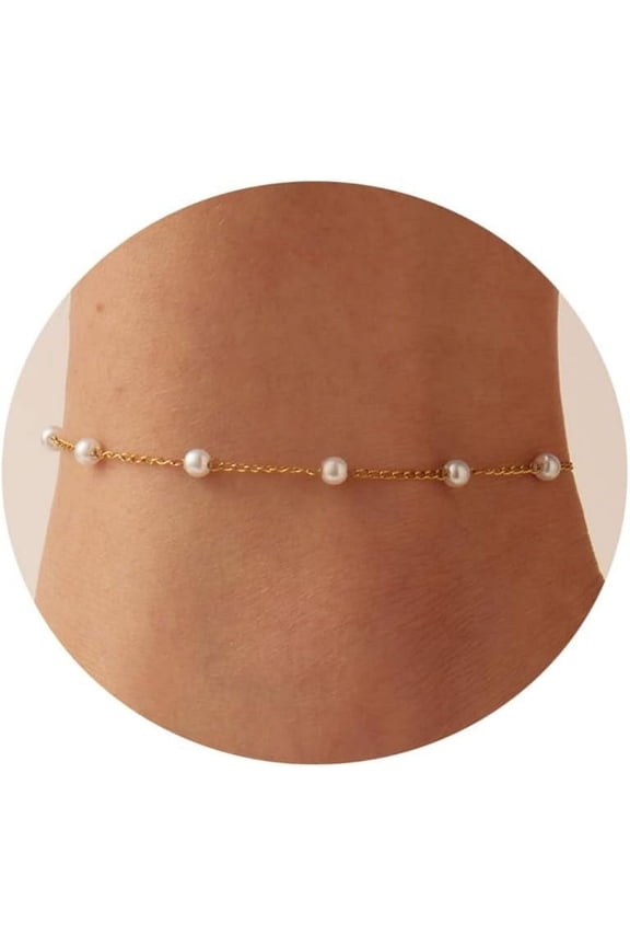 Ankle Bracelets for Women Dainty 18K Gold Plated Anklet Waterproof Round Beaded Paperclip Herringbone Pearl Chain Anklets Waterproof Beach Foot Jewelry Ankle Bracelets for Women Waterproof