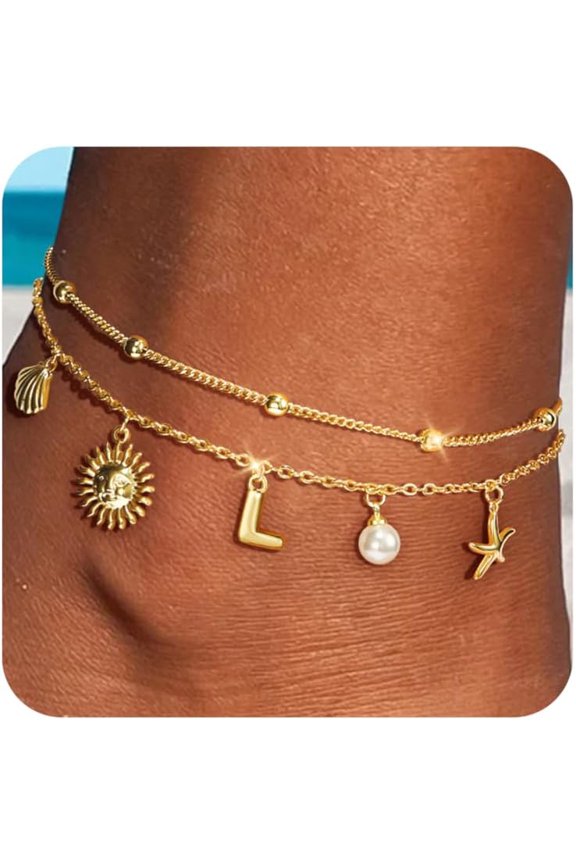 Ankle Bracelets for Women-Gold Initial Anklets for Women Waterproof Handmade Layered Gold Beach Seashell Starfish Sun Pearl Boho Gold Anklets Summer Beach Jewelry Summer Gifts for Women