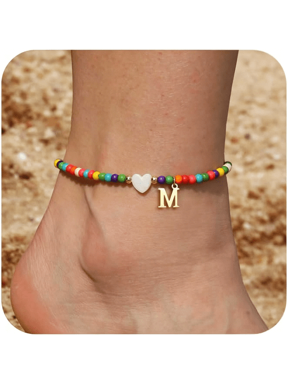 Ankle Bracelets for Women Initial Anklets Waterproof Boho Beaded Dainty Ankle Bracelets Letter Heart Handmade Adjustable Foot Chain Anklet Summer Vacation Colorful Jewelry Gift