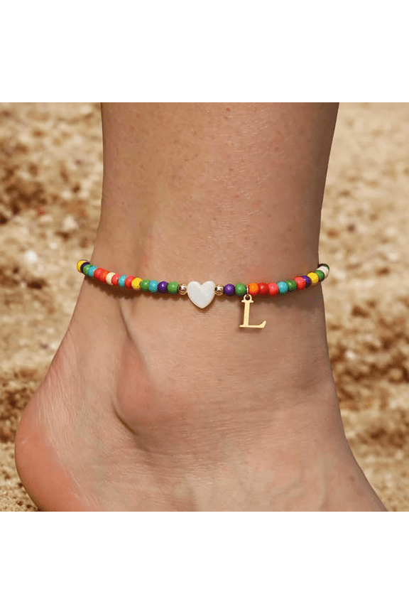Ankle Bracelets for Women Initial Anklets Waterproof Boho Beaded Dainty Ankle Bracelets for Teen Letter Heart Handmade Adjustable Foot Chain Anklet Summer Vacation Colorful Jewelry Gift